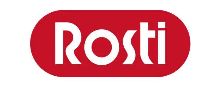 Rosti logo i hvid tekst på rød baggrund