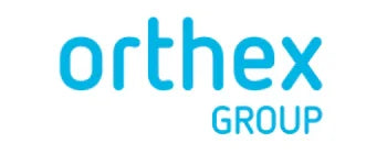 Logo for Orthex Group i blå tekst på hvid baggrund.