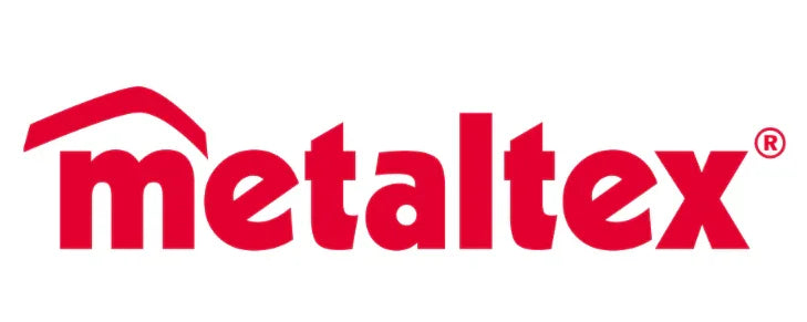 Rødt Metaltex logo på hvid baggrund