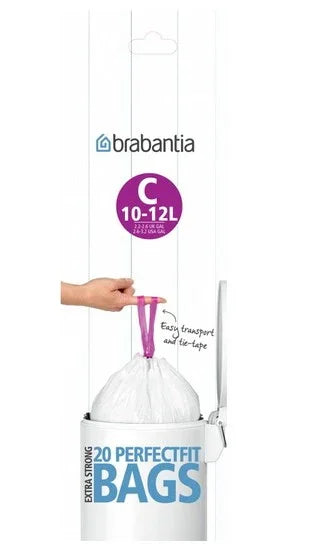 BRABANTIA affaldsposer type C, 10-12 liter, 20 stk. hvide poser med bindebånd