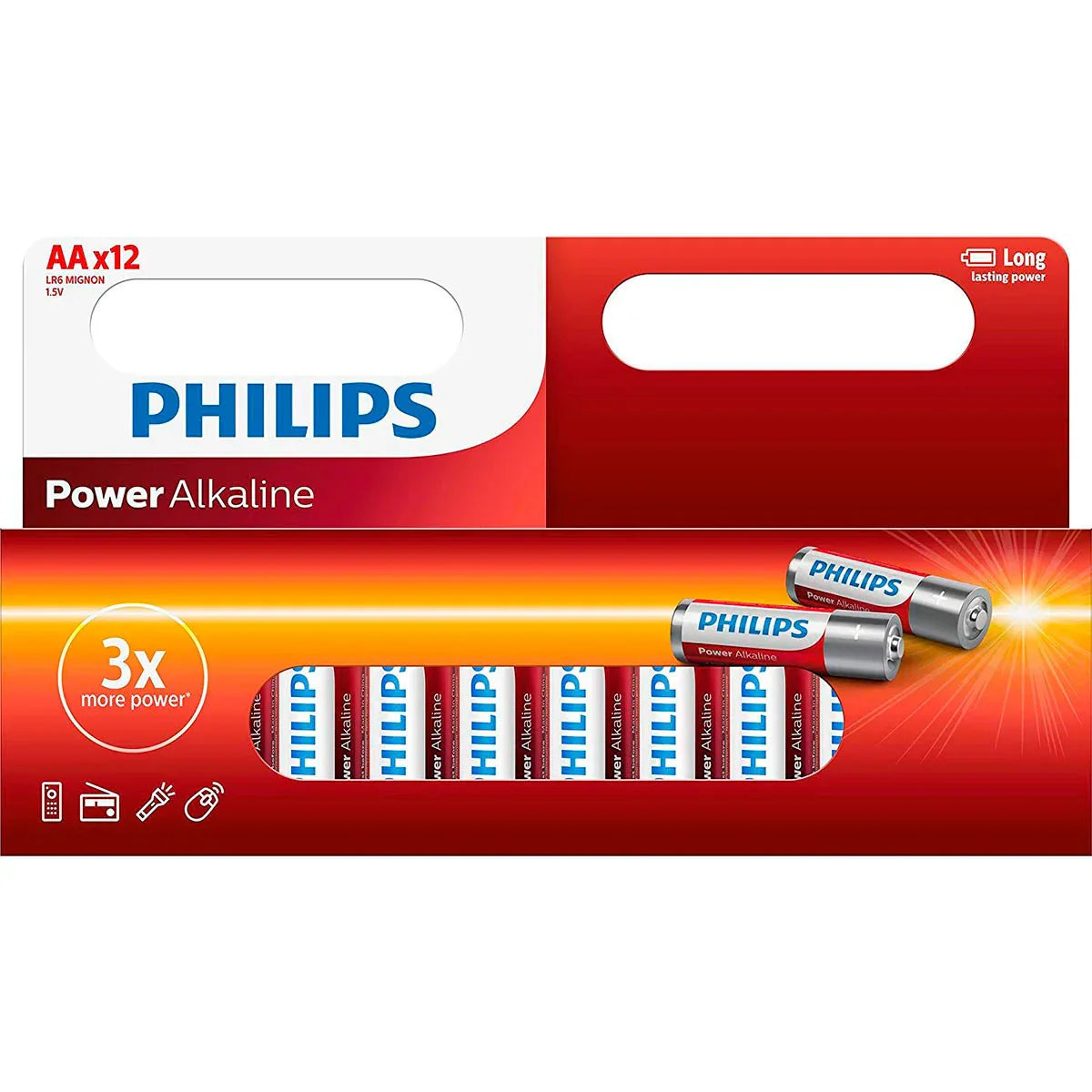 PHILIPS Power Alkaline AA batterier, 12-pak i rød og hvid emballage