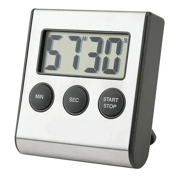 Digitalt minutur fra CONZEPT i rustfrit stål med LCD-display og tre sorte knapper