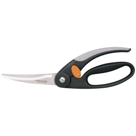 FISKARS fjerkræsaks med Soft Touch greb og takket blad