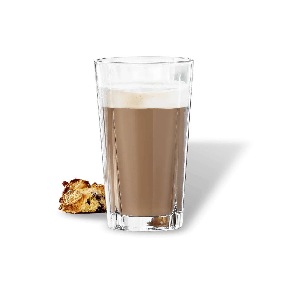 Rosendahl Grand Cru caféglas med kaffe og mælkeskum ved siden af en småkage