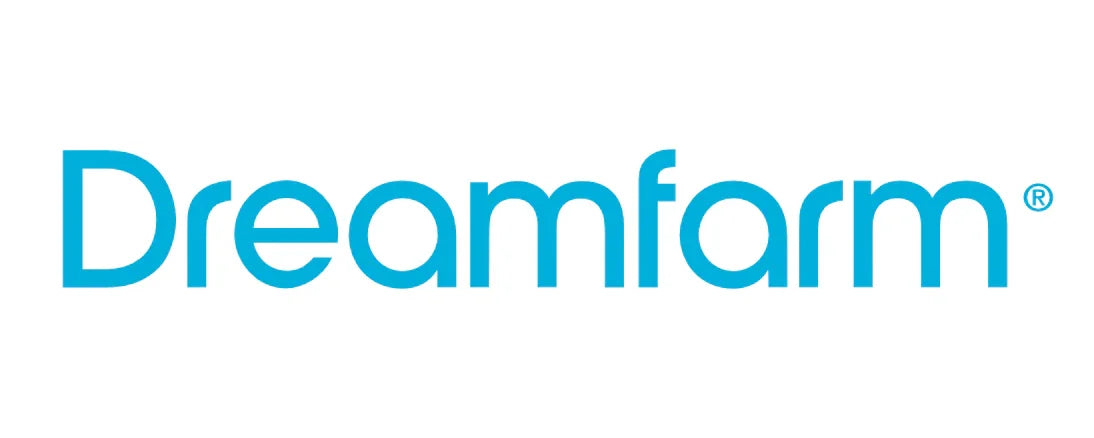 Blåt Dreamfarm logo på hvid baggrund