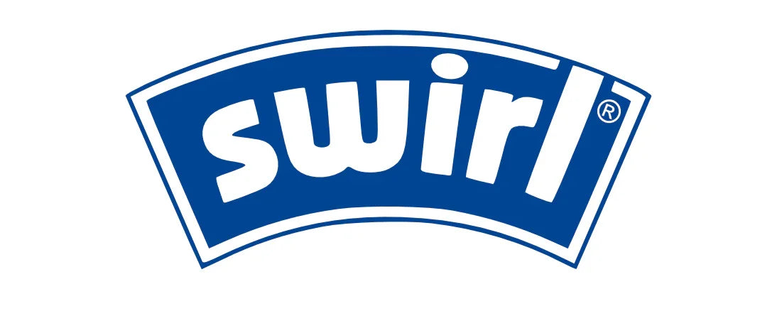 Blåt og hvidt logo for Swirl