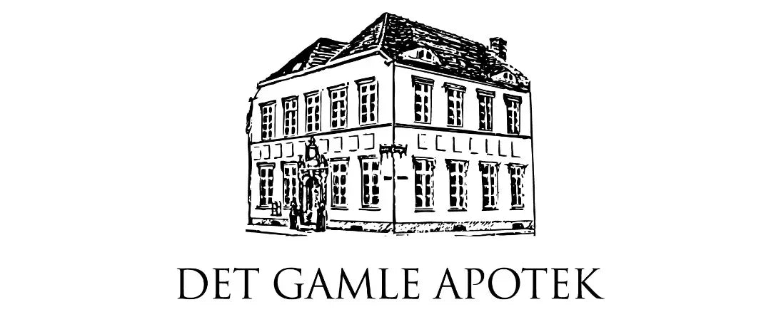 Sort hvid illustration af en historisk bygning med teksten DET GAMLE APOTEK