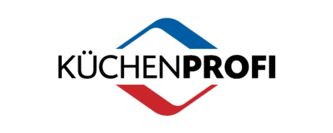 Logo for Küchenprofi med sort tekst og blå og røde grafiske elementer