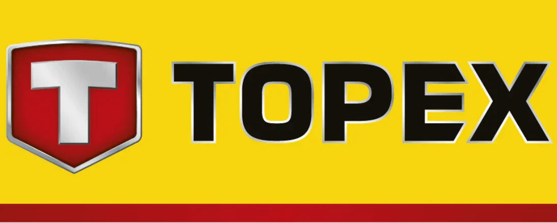 Logo for TOPEX med et rødt skjold og et hvidt T på gul baggrund