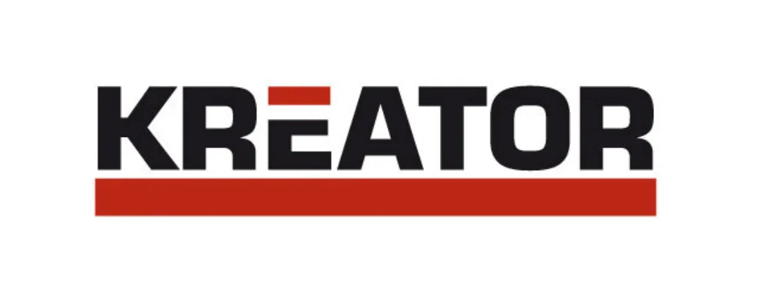 Kreator logo med sort tekst og rød vandret linje