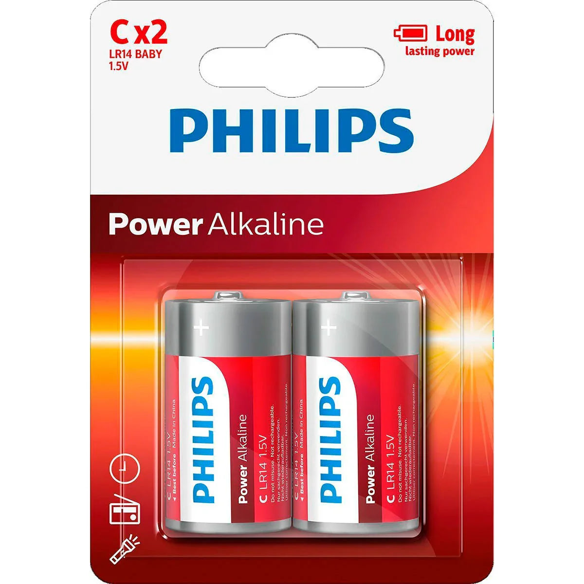 2-pak PHILIPS Power Alkaline C-batterier (LR14 1,5V) i original emballage