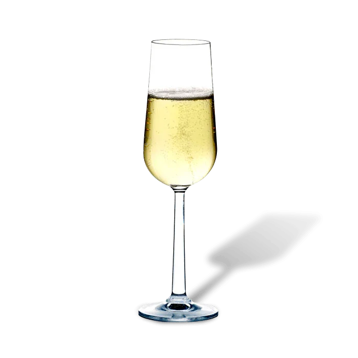 Et ROSENDAHL Grand Cru champagneglas fyldt med mousserende vin på sort baggrund