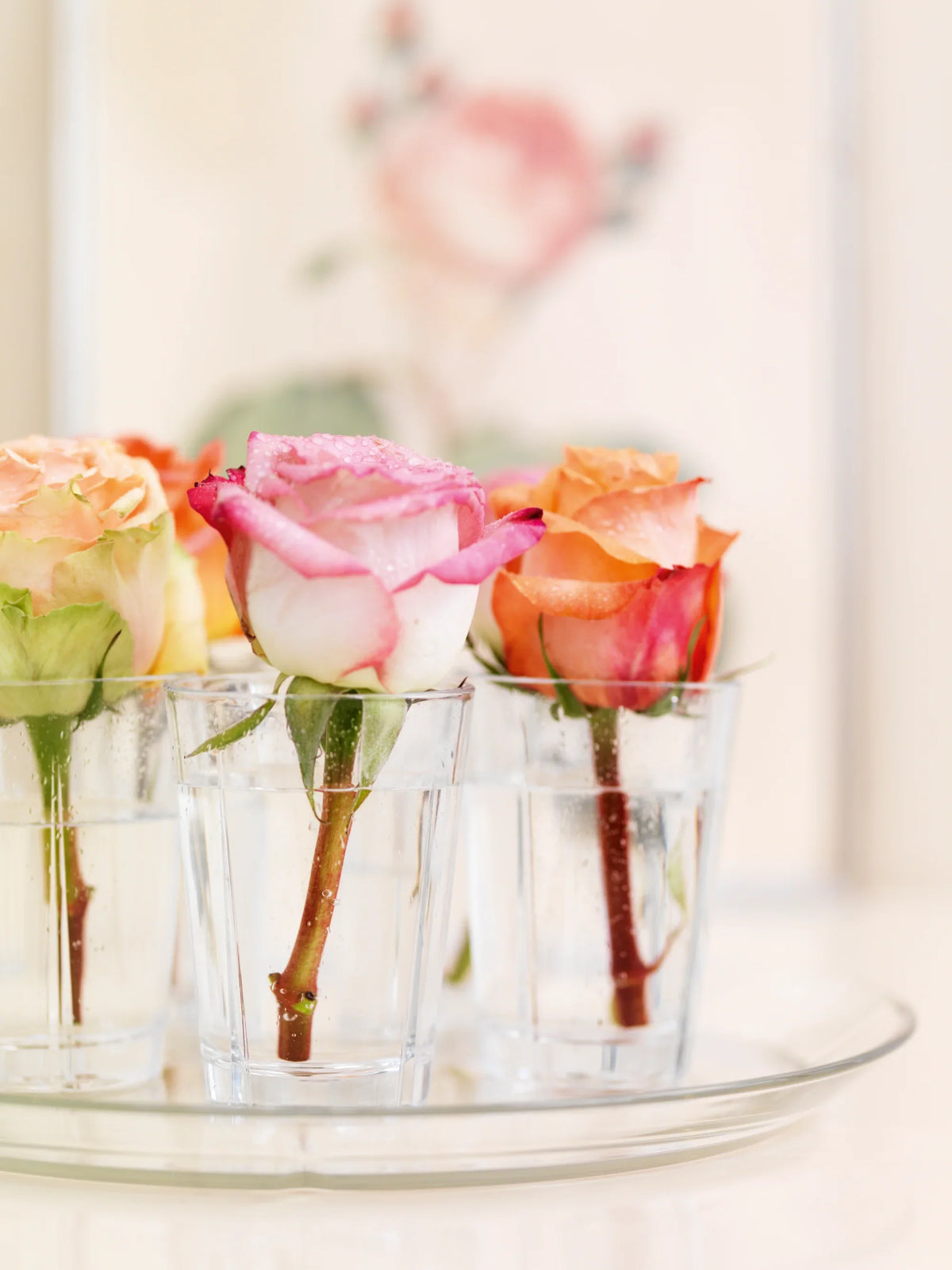 Tre farverige roser i ROSENDAHL Grand Cru vandglas på en glasbakke