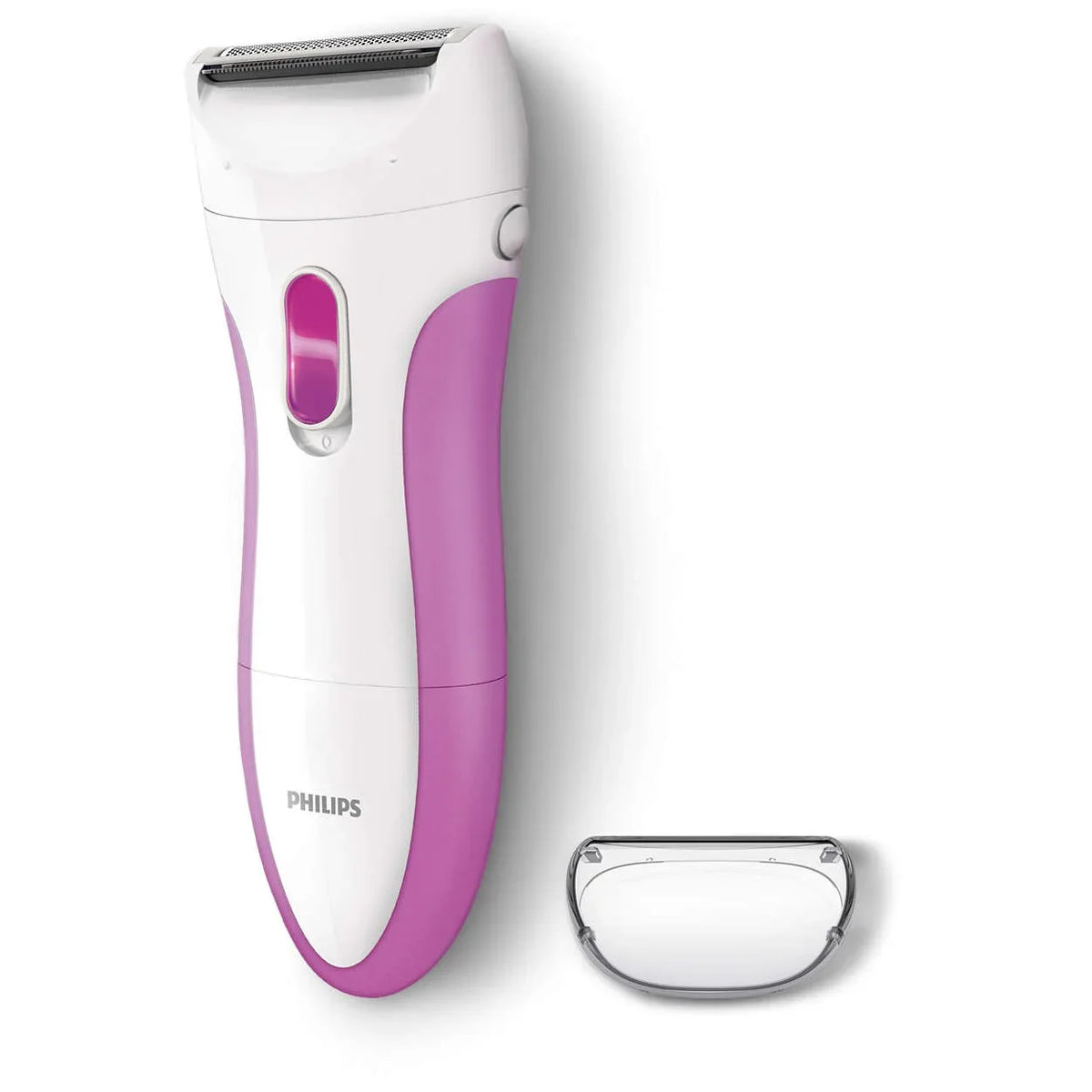 Hvid og lyserød PHILIPS ladyshaver til batterier med beskyttelseskappe