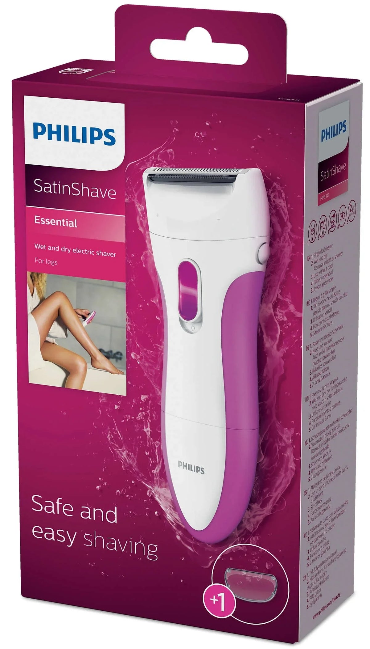 PHILIPS SatinShave Essential elektrisk lady shaver til ben, våd og tør brug, i lilla og hvid emballage