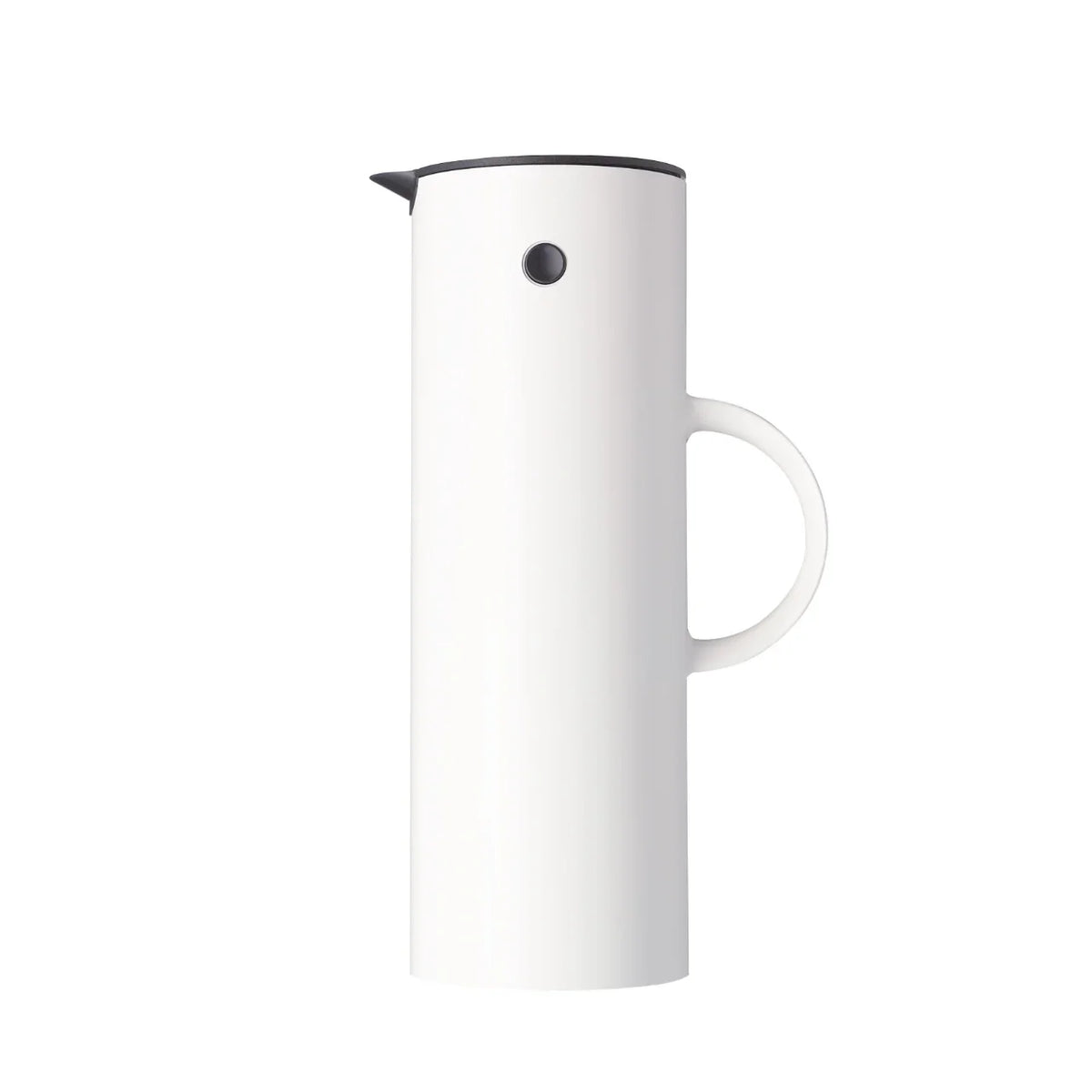 Hvid STELTON EM77 termokande med sort låg og hvidt håndtag på hvid baggrund